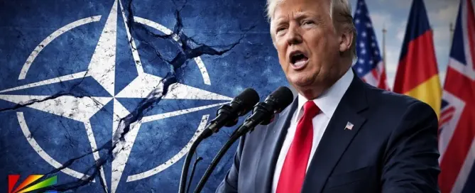 Donald Trump speaks at podium as NATO symbol cracks behind him, illustrating rising tensions over potential U.S. withdrawal from NATO alliance