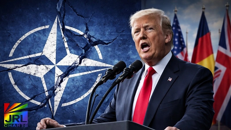 Donald Trump speaks at podium as NATO symbol cracks behind him, illustrating rising tensions over potential U.S. withdrawal from NATO alliance