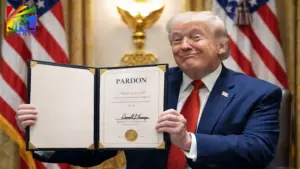 illustration of US president holding presidential pardon document during controversy over White House staff pardon comments