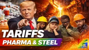 Donald Trump with pharmaceutical products and steel industry workers showing concern over new U.S. tariffs impacting business costs in 2026