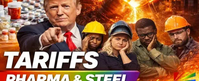 Donald Trump with pharmaceutical products and steel industry workers showing concern over new U.S. tariffs impacting business costs in 2026