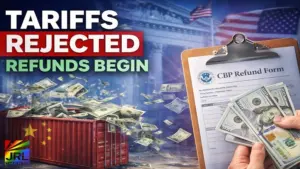 Tariffs rejected concept showing refund money and CBP refund form with US trade backdrop