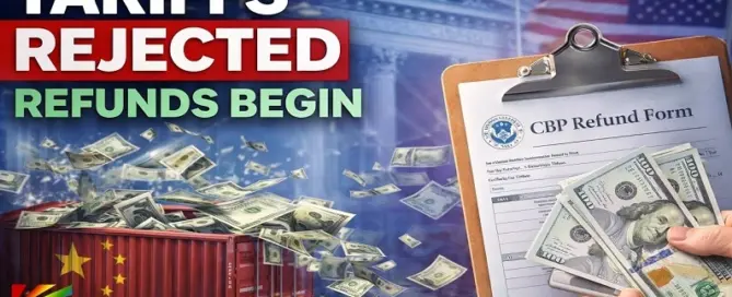 Tariffs rejected concept showing refund money and CBP refund form with US trade backdrop