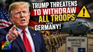 Donald Trump with U.S. troops and Ramstein Air Base in Germany representing potential military withdrawal from Europe