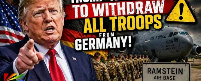 Donald Trump with U.S. troops and Ramstein Air Base in Germany representing potential military withdrawal from Europe