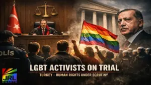 Turkey courtroom scene showing LGBT activists on trial with judge, protest imagery, and human rights tensions under government crackdown
