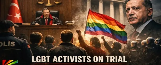 Turkey courtroom scene showing LGBT activists on trial with judge, protest imagery, and human rights tensions under government crackdown
