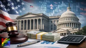 U.S. Capitol and Treasury building with financial charts and legal gavel representing new banking regulation ending reputational risk