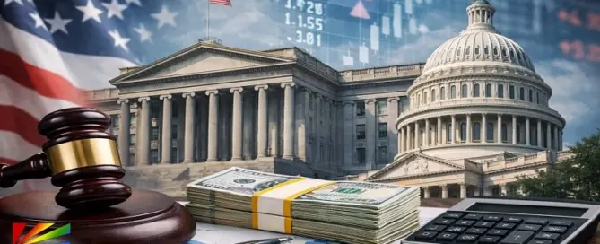 U.S. Capitol and Treasury building with financial charts and legal gavel representing new banking regulation ending reputational risk