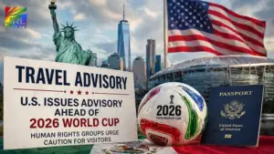 Travel advisory image showing United States landmarks, soccer stadium, passport and 2026 World Cup ball highlighting safety concerns for visitors