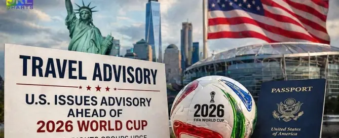 Travel advisory image showing United States landmarks, soccer stadium, passport and 2026 World Cup ball highlighting safety concerns for visitors