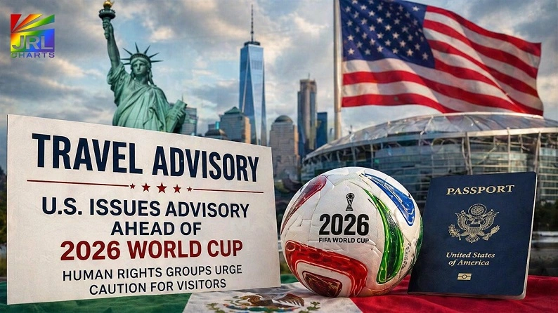 Travel advisory image showing United States landmarks, soccer stadium, passport and 2026 World Cup ball highlighting safety concerns for visitors