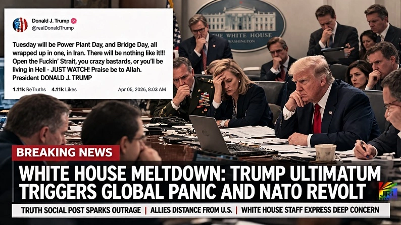 President Donald Trump sits with concerned White House staff in the Situation Room as a Truth Social post about Iran ultimatum sparks global panic and NATO tensions in 2026
