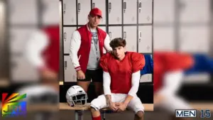 Leo Levine and Ed Steel in football locker room scene from MEN Network Cumbl Cookie Challenge digital release