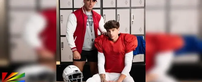Leo Levine and Ed Steel in football locker room scene from MEN Network Cumbl Cookie Challenge digital release