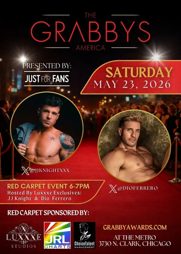 Grabbys Awards 2026 red carpet event poster featuring JJ Knight and Dio Ferrero hosted by Luxxxe Studios in Chicago