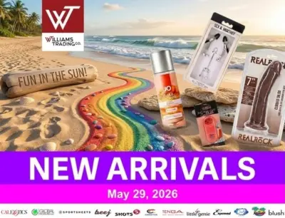 Cover image of the Williams Trading Weekly New Arrivals digital catalog featuring new wholesale pleasure products and retail merchandise.