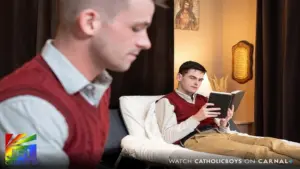 Tyga Knottz appears in a suspenseful dormitory scene from Altar Boy Tyga Vol. 1 Dormitory Secrets on Carnal+.