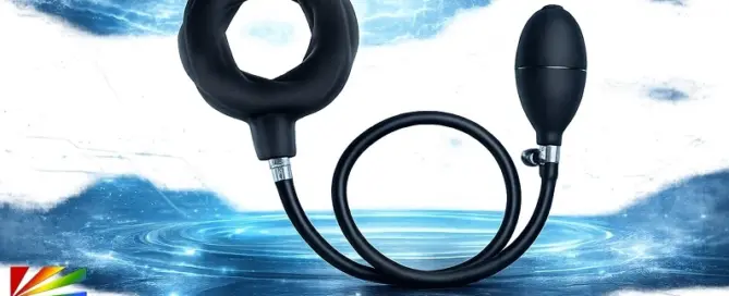 Atomic Inflatable Cockring performance wellness product displayed in a futuristic blue retail-style background for men’s wellness industry coverage.