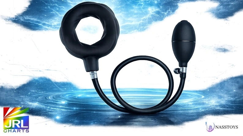 Atomic Inflatable Cockring performance wellness product displayed in a futuristic blue retail-style background for men’s wellness industry coverage.
