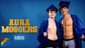 Jake Preston and Leo Levine appear in graduation-themed promotional artwork for Aura Moggers from Men.com.