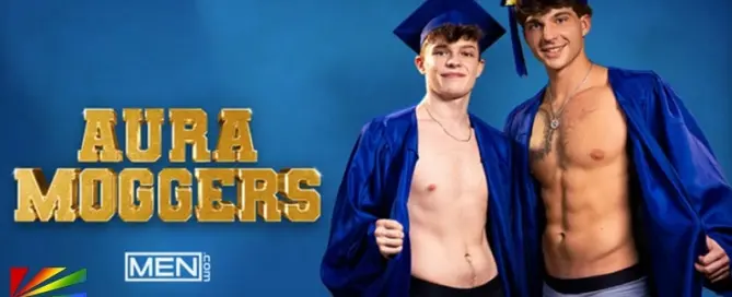 Jake Preston and Leo Levine appear in graduation-themed promotional artwork for Aura Moggers from Men.com.
