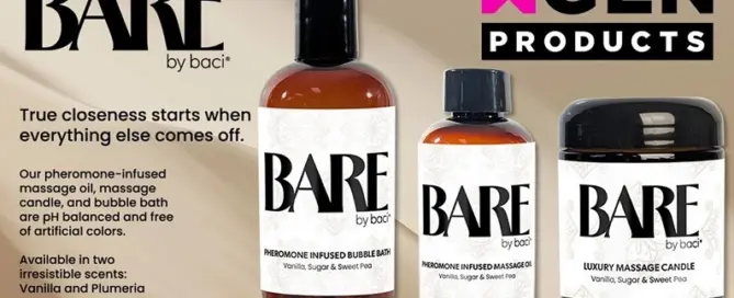Bare by Baci intimate wellness collection featuring massage oil, bubble bath, and massage candle by XGEN Products