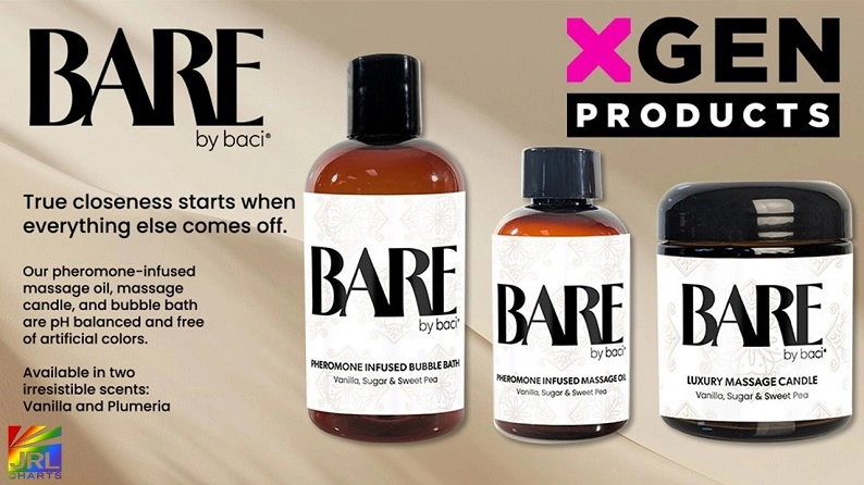 Bare by Baci intimate wellness collection featuring massage oil, bubble bath, and massage candle by XGEN Products