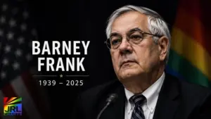 Memorial image of former openly gay Congressman Barney Frank with American and Pride flags representing his LGBTQ political legacy and civil rights advocacy.