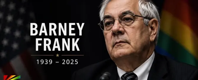 Memorial image of former openly gay Congressman Barney Frank with American and Pride flags representing his LGBTQ political legacy and civil rights advocacy.