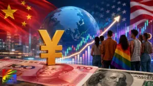 Golden Chinese yuan symbol displayed over Chinese and U.S. currency with rising financial market charts and LGBTQ community imagery representing the impact of global finance on LGBTQ-owned businesses.