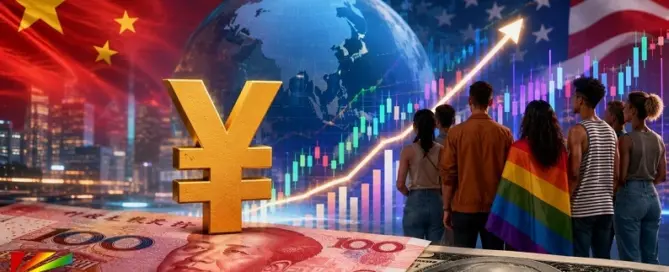 Golden Chinese yuan symbol displayed over Chinese and U.S. currency with rising financial market charts and LGBTQ community imagery representing the impact of global finance on LGBTQ-owned businesses.