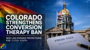 ABC World News-style political graphic showing Colorado strengthening protections against conversion therapy for LGBTQ youth following a Supreme Court ruling.