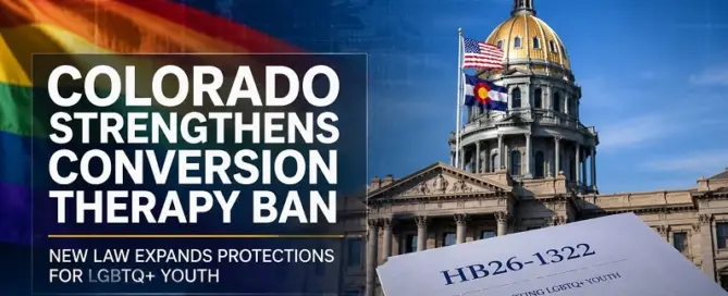 ABC World News-style political graphic showing Colorado strengthening protections against conversion therapy for LGBTQ youth following a Supreme Court ruling.