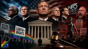 Dramatic illustration of U.S. Supreme Court justices, courthouse, and protest signs highlighting voting rights, LGBTQ rights, and the InfoWars legal controversy