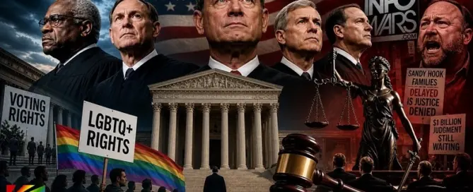 Dramatic illustration of U.S. Supreme Court justices, courthouse, and protest signs highlighting voting rights, LGBTQ rights, and the InfoWars legal controversy