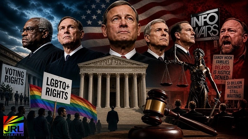 Dramatic illustration of U.S. Supreme Court justices, courthouse, and protest signs highlighting voting rights, LGBTQ rights, and the InfoWars legal controversy