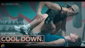 Scene from Blushroom Studios’ LGBTQ short film Cool Down featuring two men sharing intense chemistry inside a late-night gym.