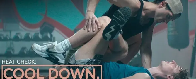 Scene from Blushroom Studios’ LGBTQ short film Cool Down featuring two men sharing intense chemistry inside a late-night gym.