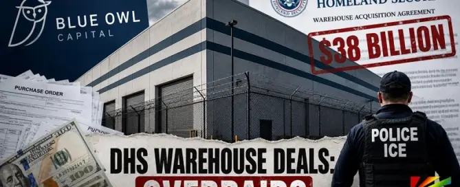 Editorial newsroom graphic showing DHS warehouse acquisition controversy involving Blue Owl Capital, ICE detention expansion, and taxpayer spending investigations.