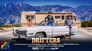 Cast members from Ducati Studios’ DRIFTERS gay western drama series in cinematic cowboy-inspired artwork featured on JRL CHARTS Gay News.