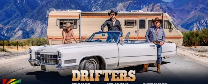 Cast members from Ducati Studios’ DRIFTERS gay western drama series in cinematic cowboy-inspired artwork featured on JRL CHARTS Gay News.
