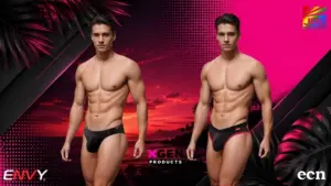 ENVY Menswear sexy slinky brief and sport mesh jock campaign background with tropical sunset and neon pink accents for retail display