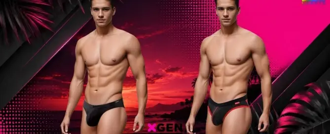 ENVY Menswear sexy slinky brief and sport mesh jock campaign background with tropical sunset and neon pink accents for retail display