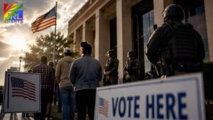Voters arriving at a polling location with law enforcement presence outside a government building during sunset.
