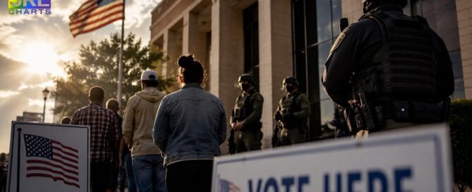 Voters arriving at a polling location with law enforcement presence outside a government building during sunset.