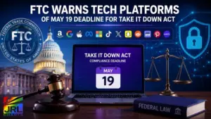 FTC Take It Down Act compliance deadline May 19 with tech platform logos, federal law symbols, and digital security concept