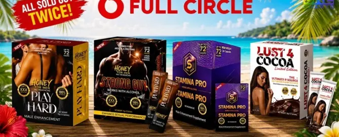 Full Circle Brands enhancement products including Lust For Cocoa, Stamina Pro, Play Hard Honey and Strong Guy displayed with sold out twice message and tropical retail campaign background