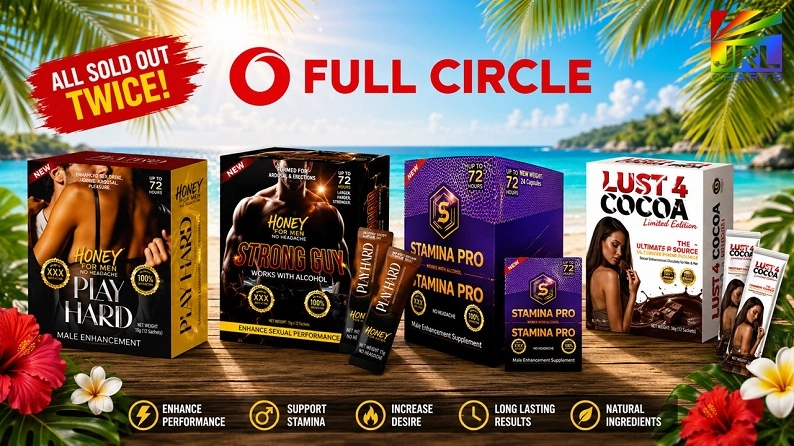 Full Circle Brands enhancement products including Lust For Cocoa, Stamina Pro, Play Hard Honey and Strong Guy displayed with sold out twice message and tropical retail campaign background
