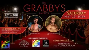 Grabbys America 2026 red carpet event in Chicago featuring hosts JJ Knight and Dio Ferrero with Luxxxe Studios sponsors